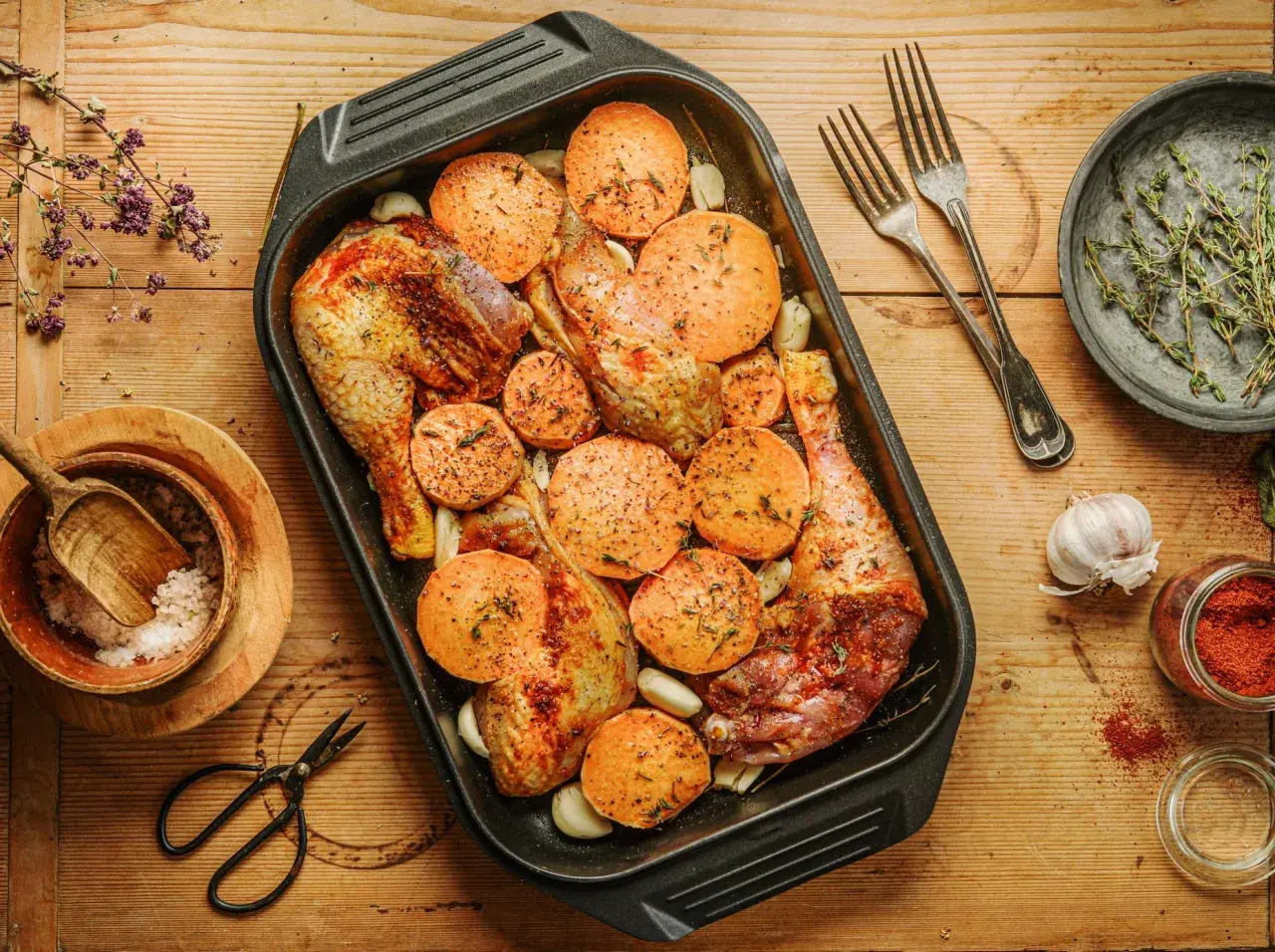 Pollo y boniato asados, listos para hornear. Una de las mejores recetas con boniato para una cena deliciosa.