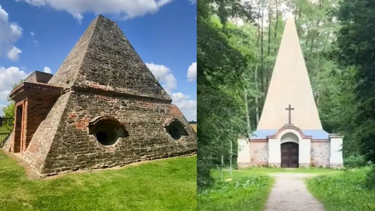 Dwie niezwykłe piramidy w Polsce: jedna kamienna z okrągłymi otworami, druga w lesie z krzyżem.