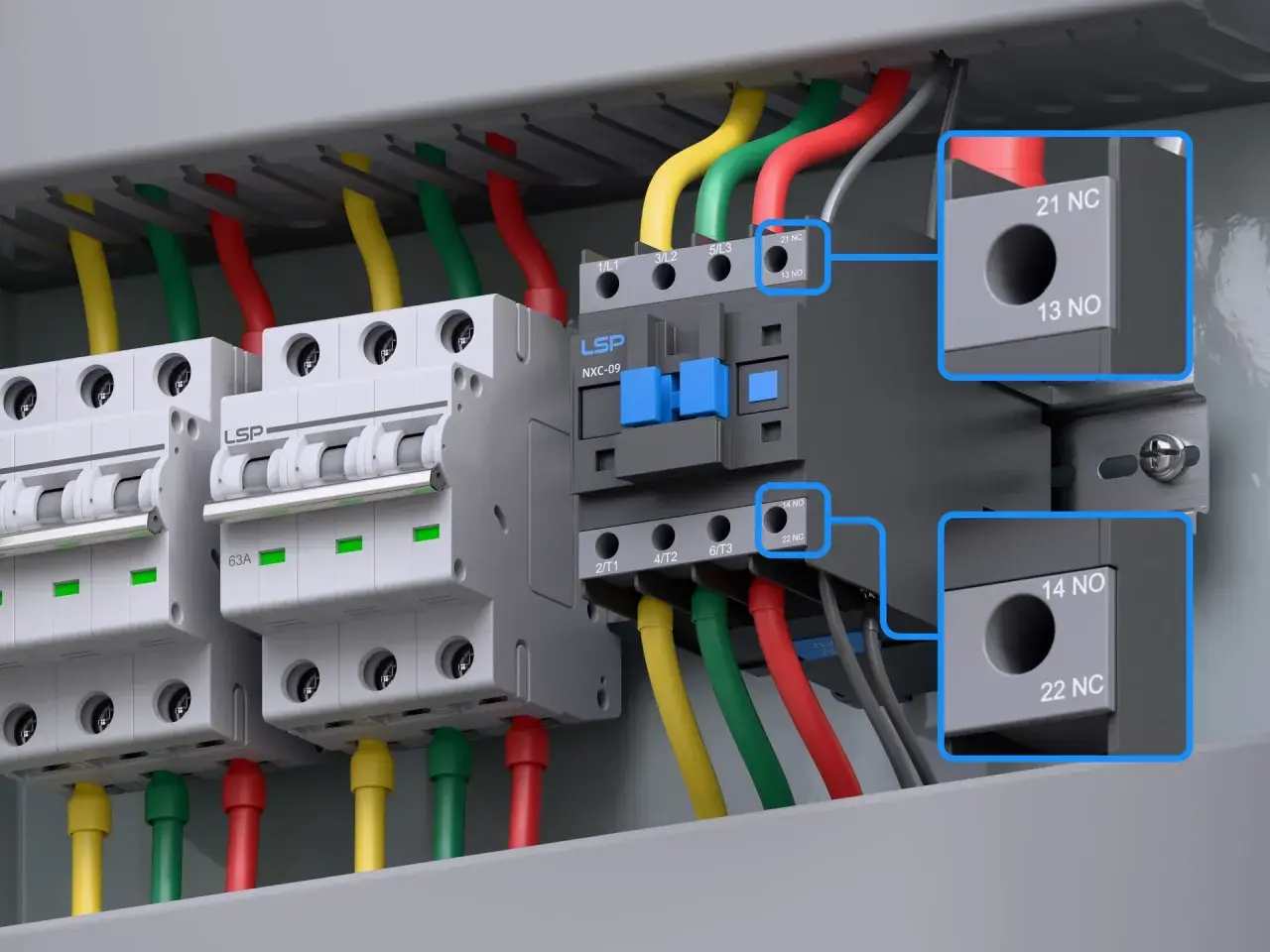 W panelu elektrycznym widać stycznik bezpieczeństwa LSP NXC-09, połączony z wyłącznikami i przewodami.
