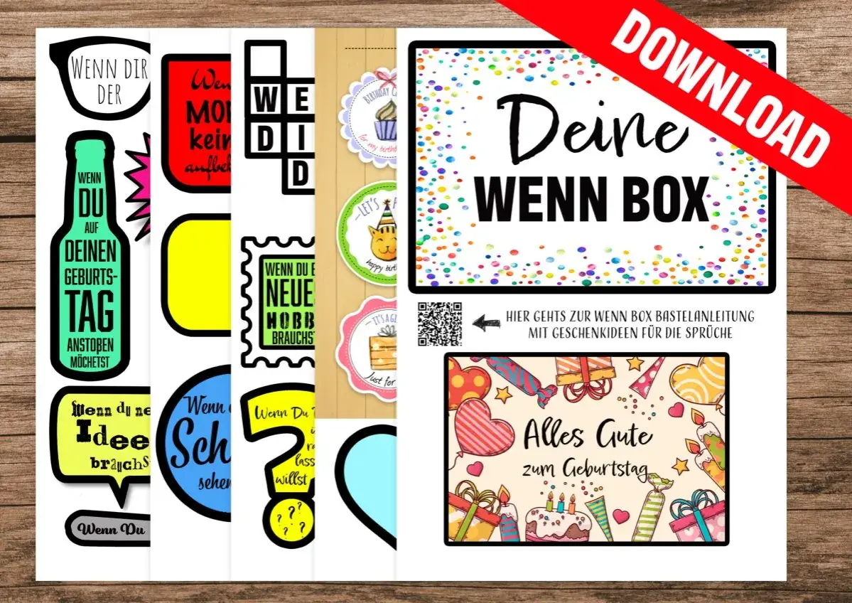 Bastelanleitung für eine "Deine Wenn Box" zum Selbermachen für Frauen, mit Sprüchen und Geschenkideen.