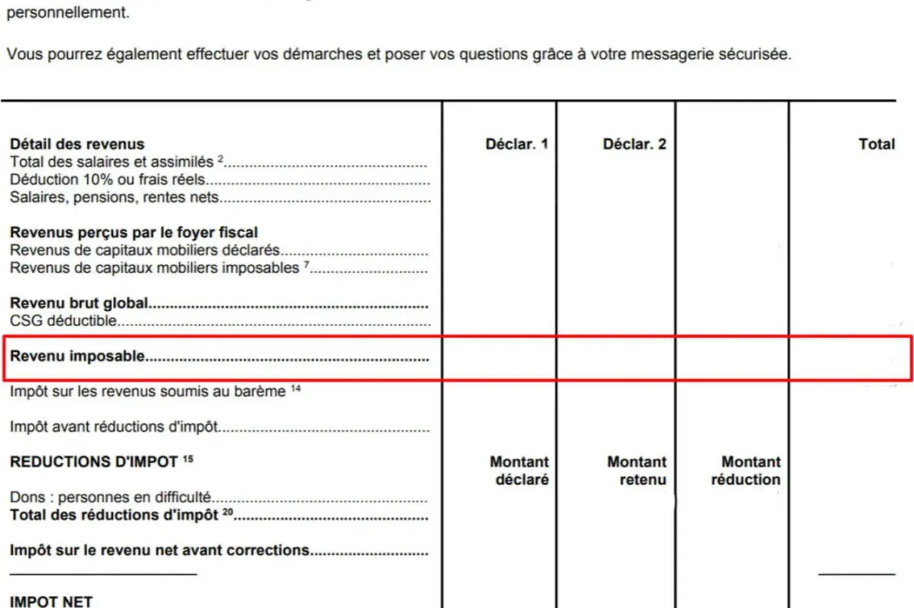 Extrait de fiche de paie montrant le revenu imposable, calculé après déductions.