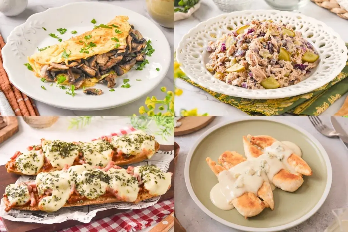 Tortilla de champiñones, ensalada de atún, pan con queso y pollo en salsa. ¡Ideas deliciosas para tus recetas para cenar!