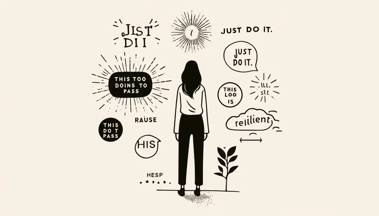 Une femme face à des pensées inspirantes : "Just do it", "This too doins to pass", "resilient". Un mantra positif travail pour avancer.