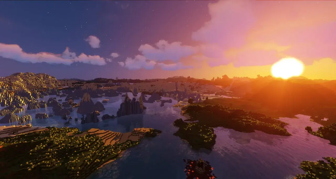 Zachód słońca nad wodą i wyspami, z chmurami i gwiazdami na niebie, dzięki Sildurs Vibrant Shaders.