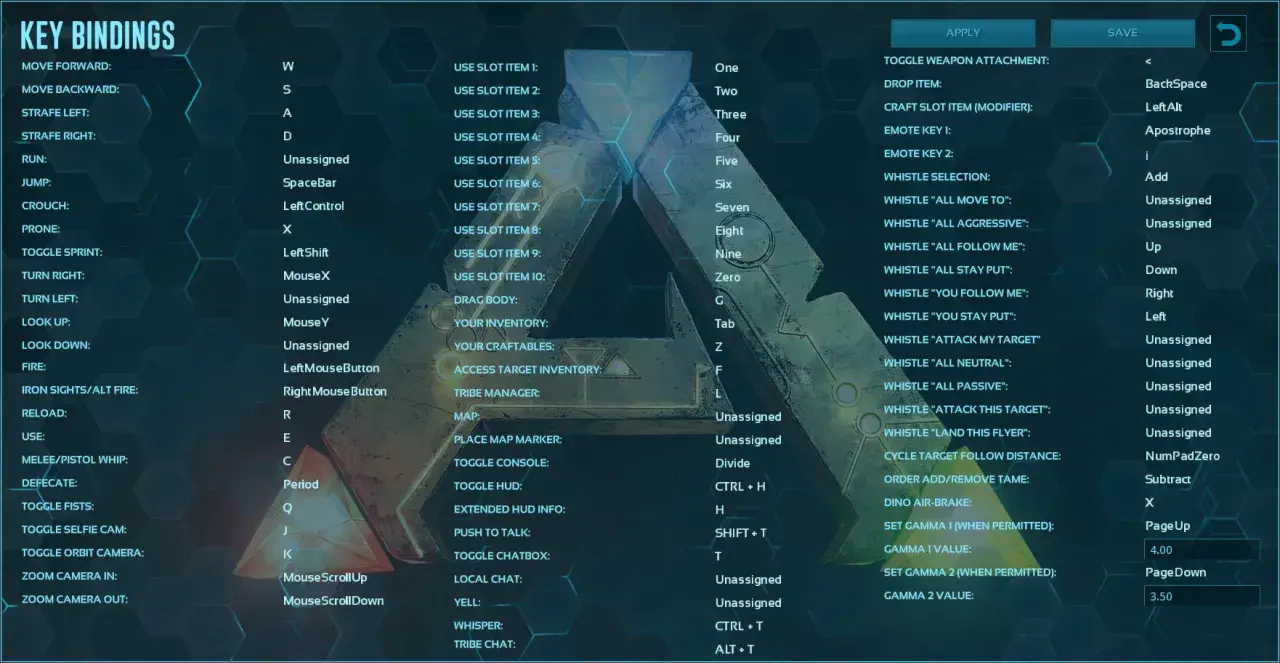 Ekran ustawień klawiszy w Ark Survival Evolved. Pozwala na dostosowanie sterowania, np. do poruszania się, używania przedmiotów czy wydawania komend zwierzętom.