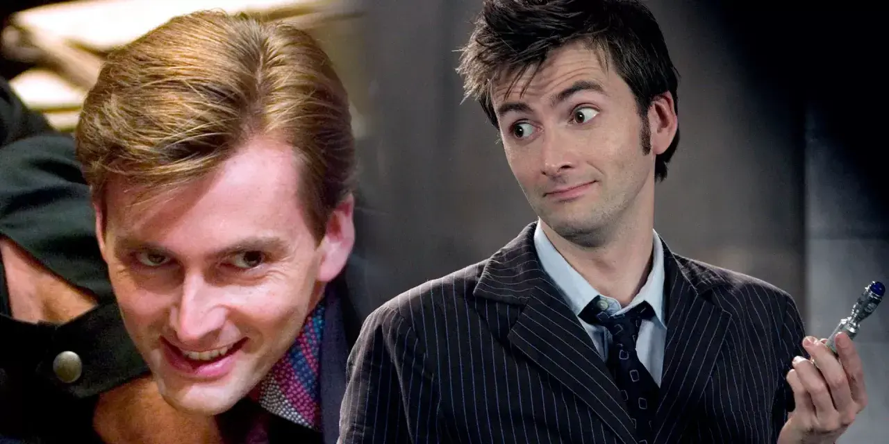 David Tennant, l'acteur du Docteur Who, dans deux expressions distinctes : une malicieuse et une autre plus contemplative, tenant son tournevis sonique.