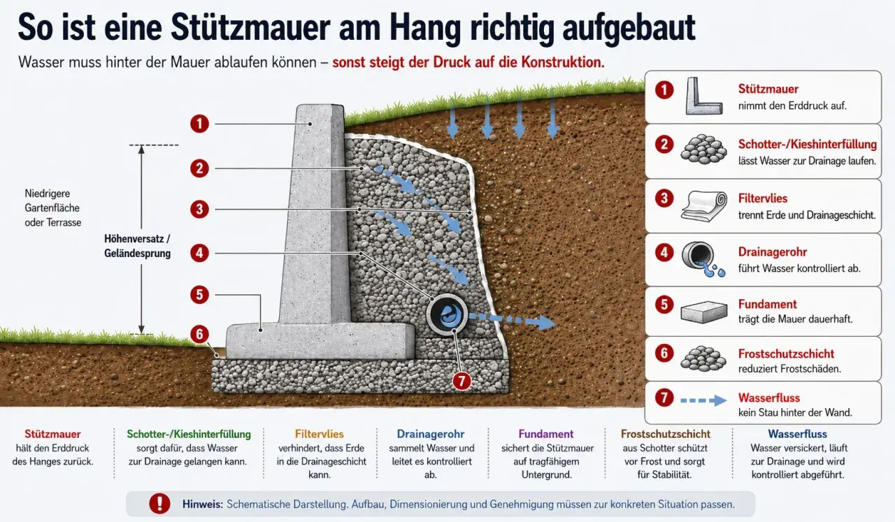 Querschnitt einer Stützmauer am Hang: Schotter, Filtervlies und Drainagerohr leiten Wasser ab, um Druck zu vermeiden. So lässt sich ein Hang richtig befestigen.