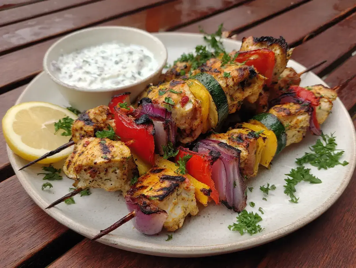 Saftiga kycklingspett grillade med paprika, lök och zucchini. Serveras med en fräsch yoghurtsås och citronklyfta.