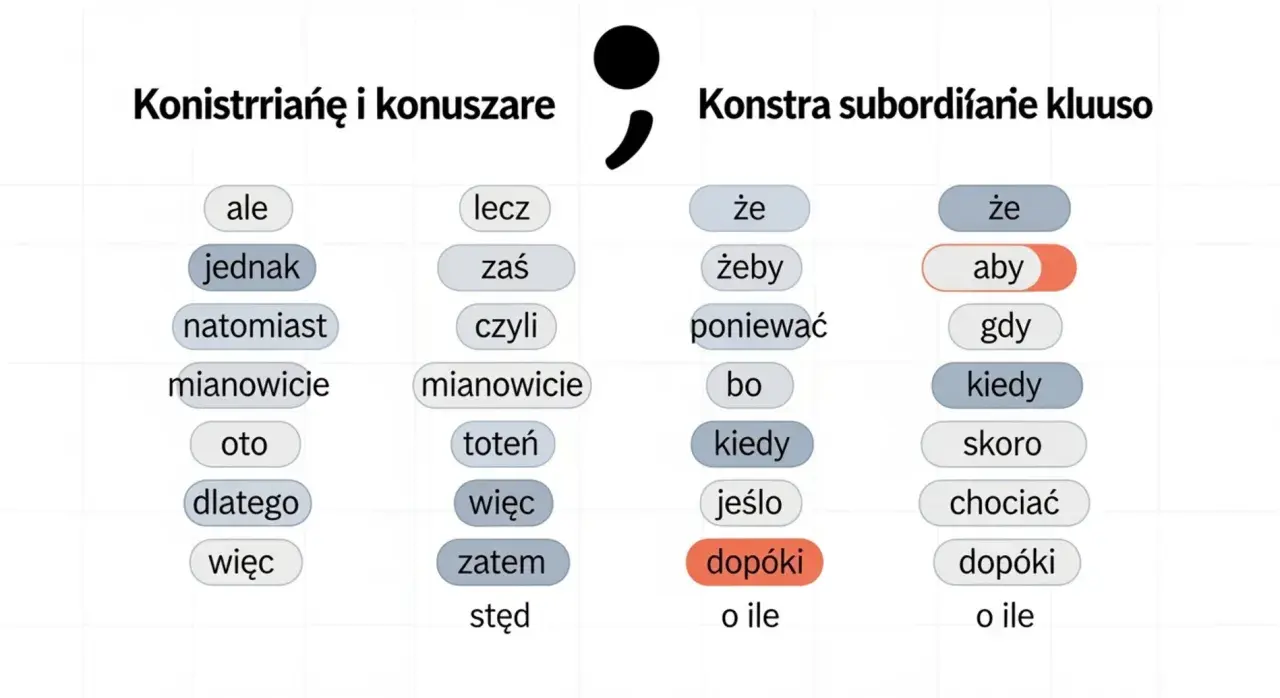 Tabela z wyrazami, po których czy przed którymi stawiamy przecinek. Wyróżniono "aby" i "dopóki".