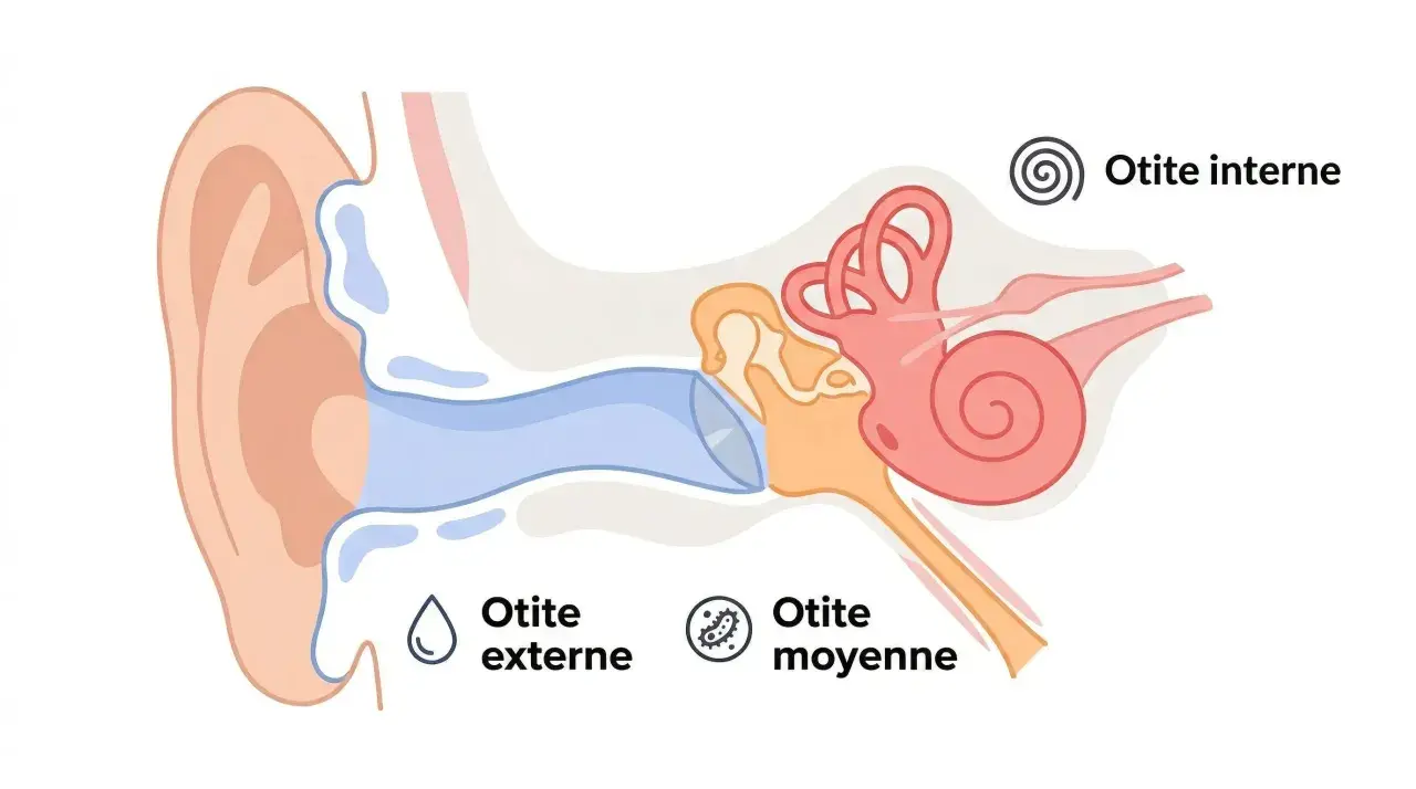 Schéma de l'oreille montrant l'otite externe, moyenne et interne. Une otite chez l'adulte peut affecter différentes parties de l'oreille.