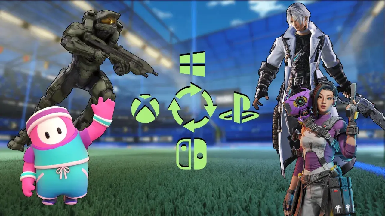 Gry cross play Xbox PC: Master Chief, Fall Guy, Dante i Ash z Apex Legends na tle stadionu.