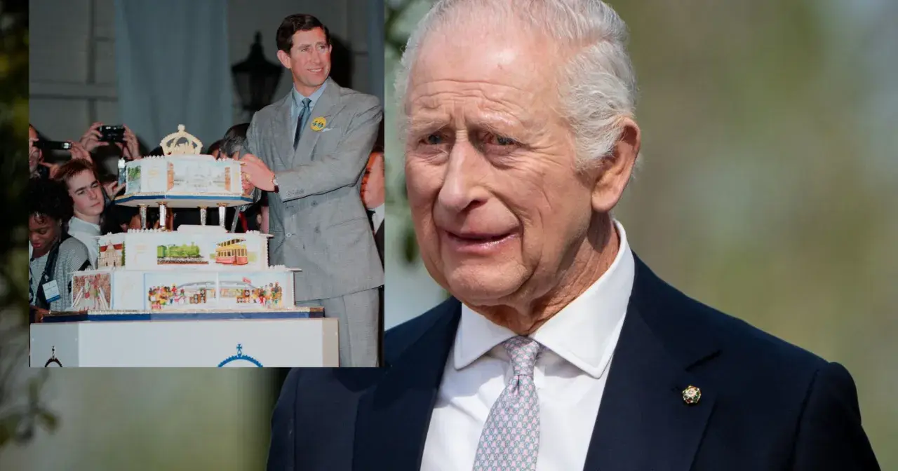 Król Karol, gdy miał 49 lat, kroi tort. Obok jego obecne zdjęcie.