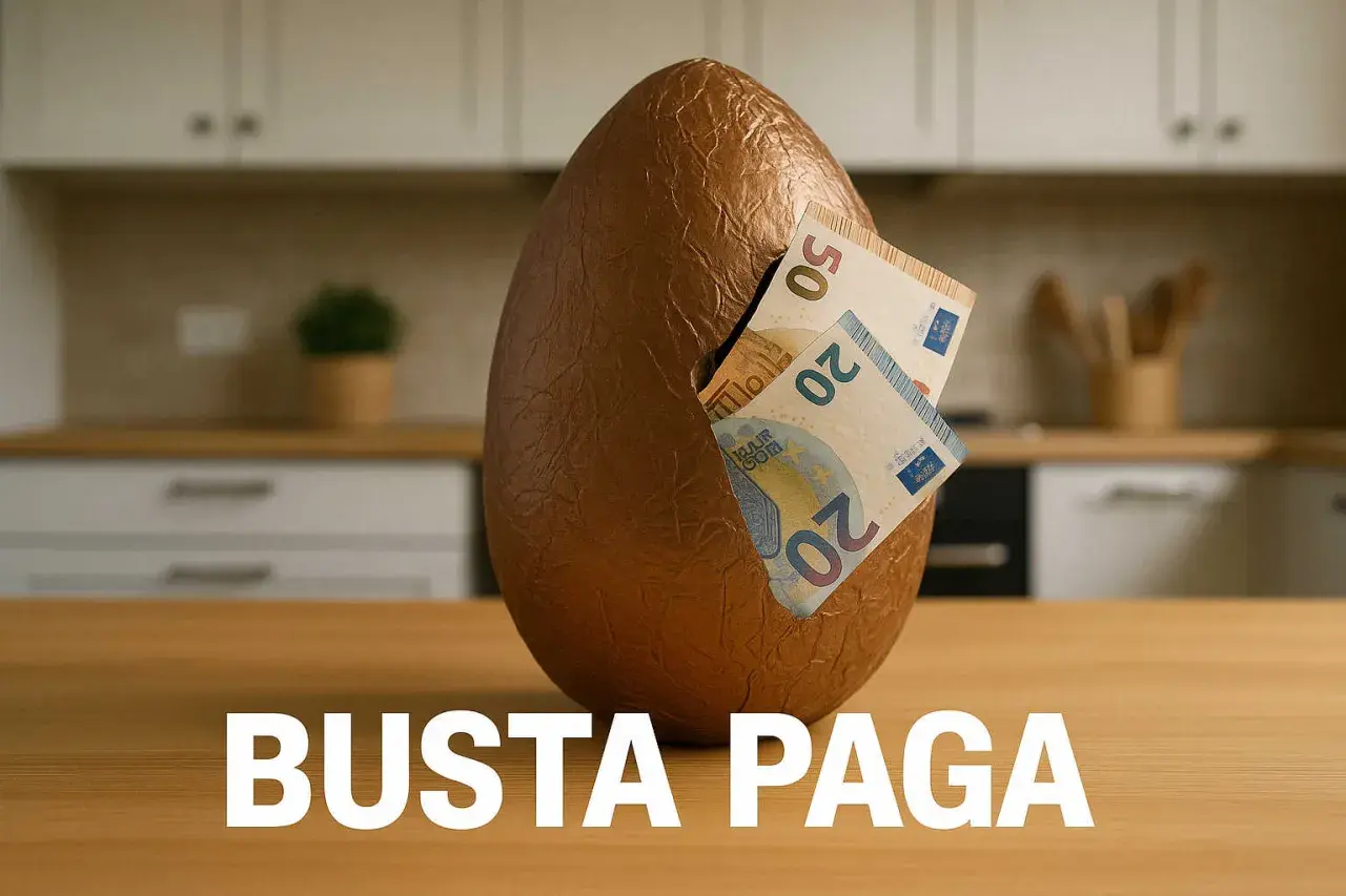 Uovo di Pasqua con banconote da 20 e 50 euro che spuntano, un simbolo di "pasqua in busta paga".
