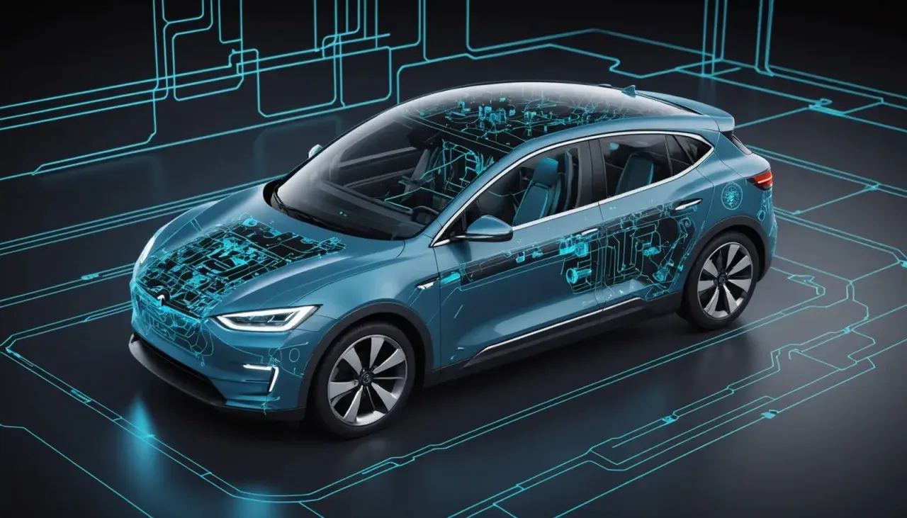 Blå elbil med genomskinlig kaross som visar interna komponenter och kretsar. En illustration som kan antyda ett renault zoe problem med dess komplexa system.