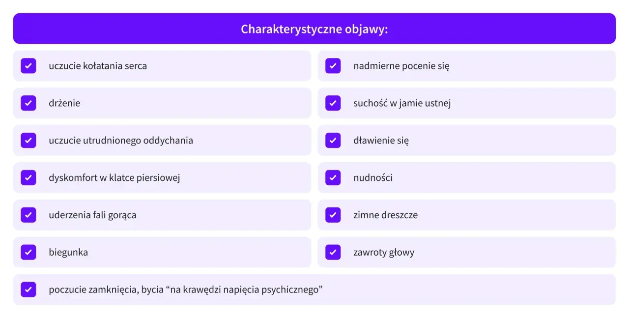 Lista objawów: kołatanie serca, drżenie, trudności z oddychaniem, dyskomfort w klatce, fale gorąca, biegunka, poczucie zamknięcia. To może być f41 kod choroby.