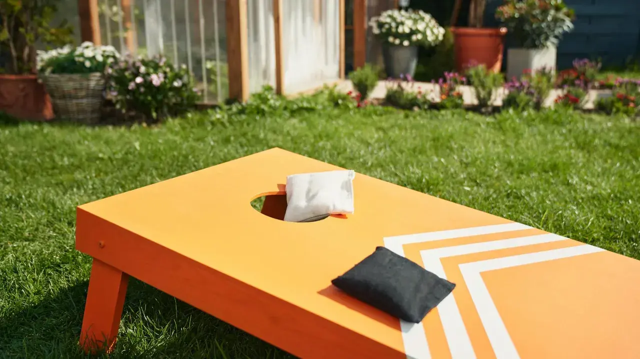 Orange Cornhole-Brett mit weißen Streifen, bereit für das Spiel. Perfekt für das **cornhole selber bauen** im Garten.