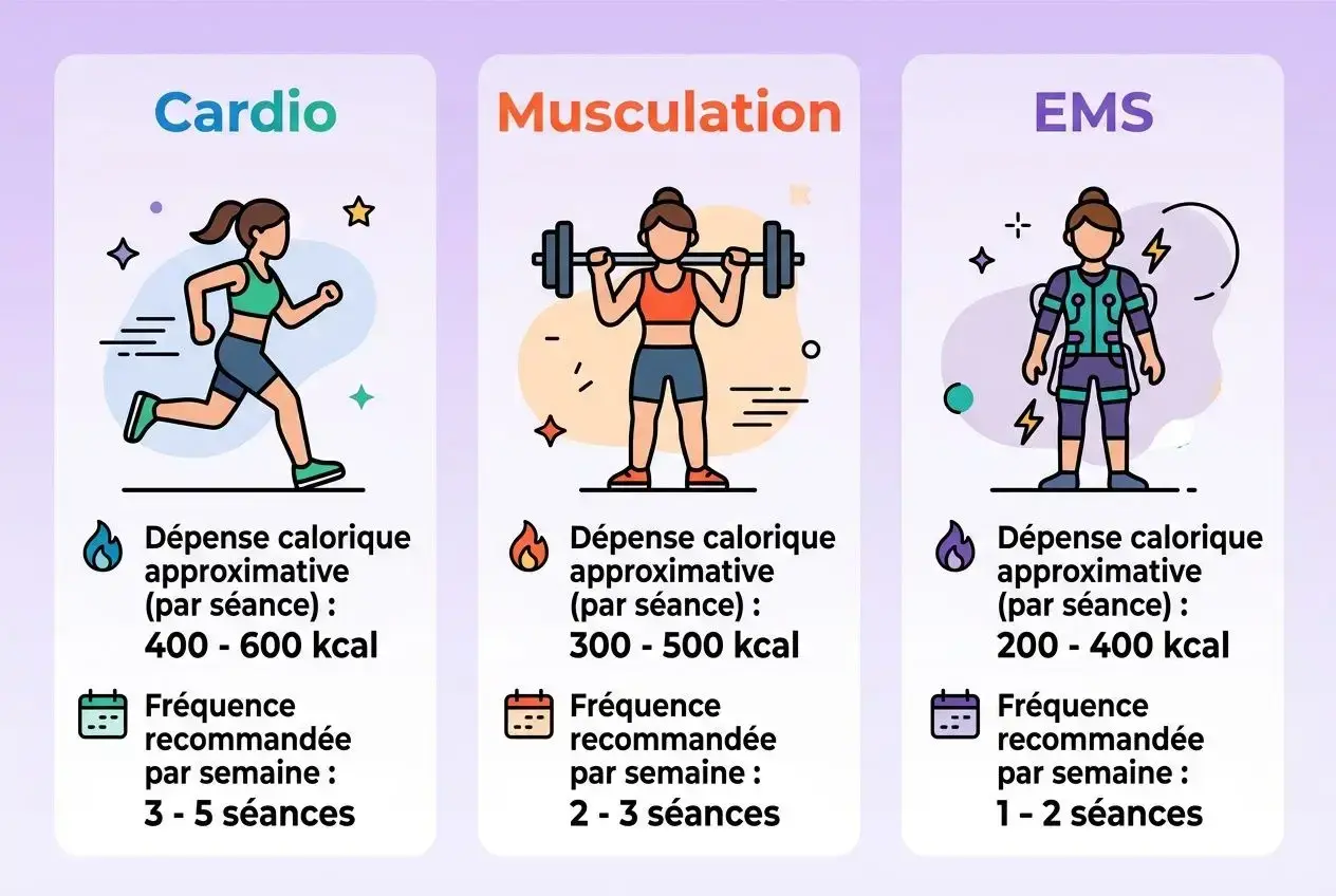 Illustration comparant cardio, musculation et EMS pour femmes. Le renforcement musculaire est une option pour brûler des calories.