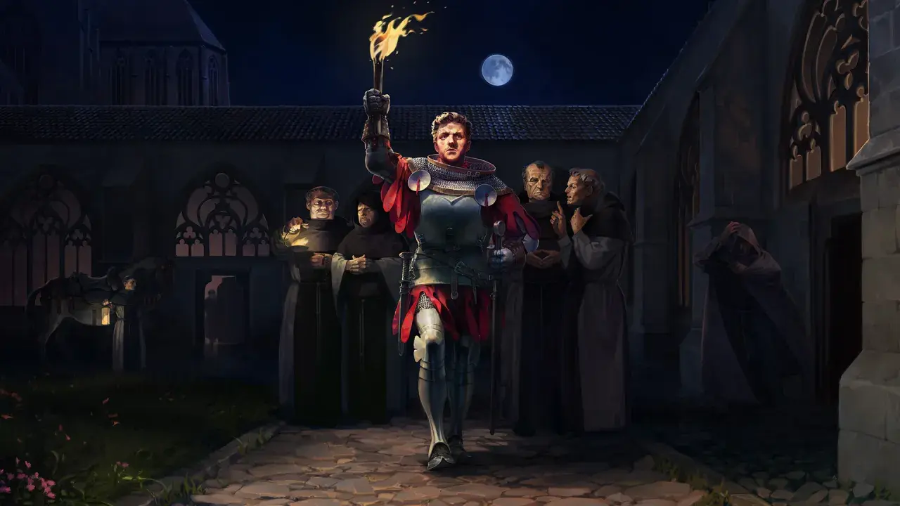 Rycerz z pochodnią w ręku, otoczony mnichami, w nocnym dziedzińcu klasztornym. Zapowiedź Kingdom Come: Deliverance II.