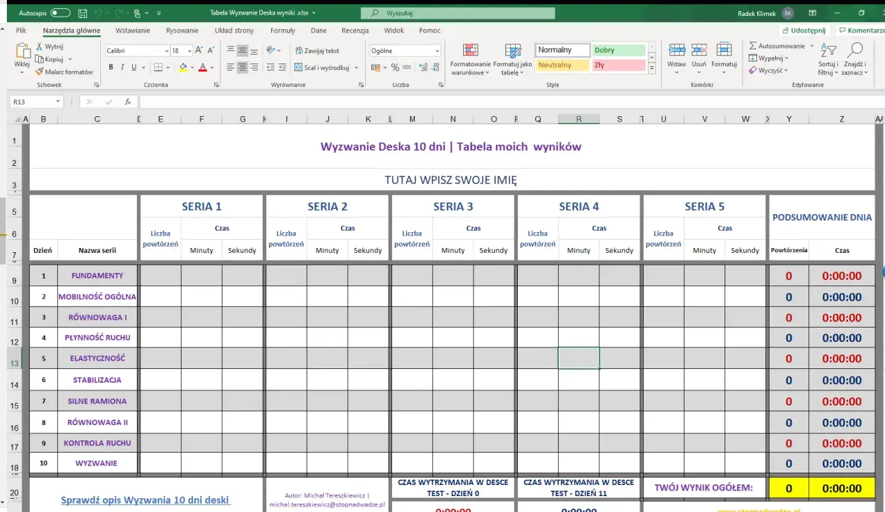 Tabela Excel do śledzenia postępów w wyzwaniu "Deska 10 dni". Zawiera kolumny na serie, powtórzenia i czas, pomagając w monitorowaniu treningu.