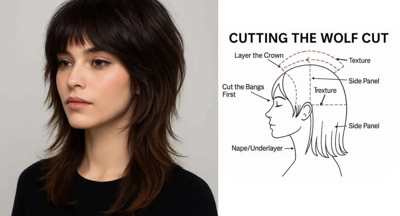 En kvinna med en modern wolf cut frisyr. Bredvid en illustration som visar hur man klipper en wolf cut.