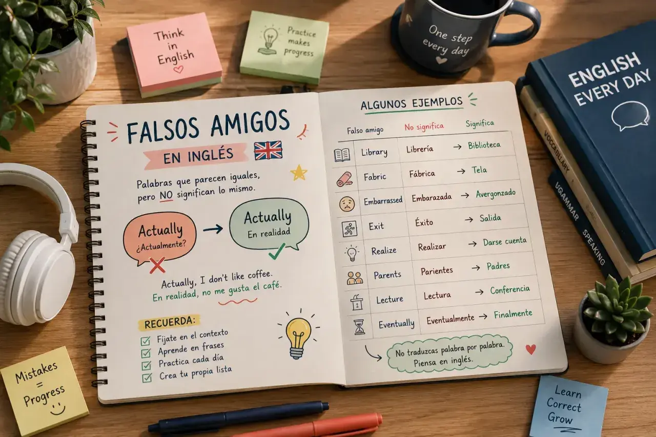 Un cuaderno abierto explica "falsos amigos" en inglés, con ejemplos y consejos para aprender.