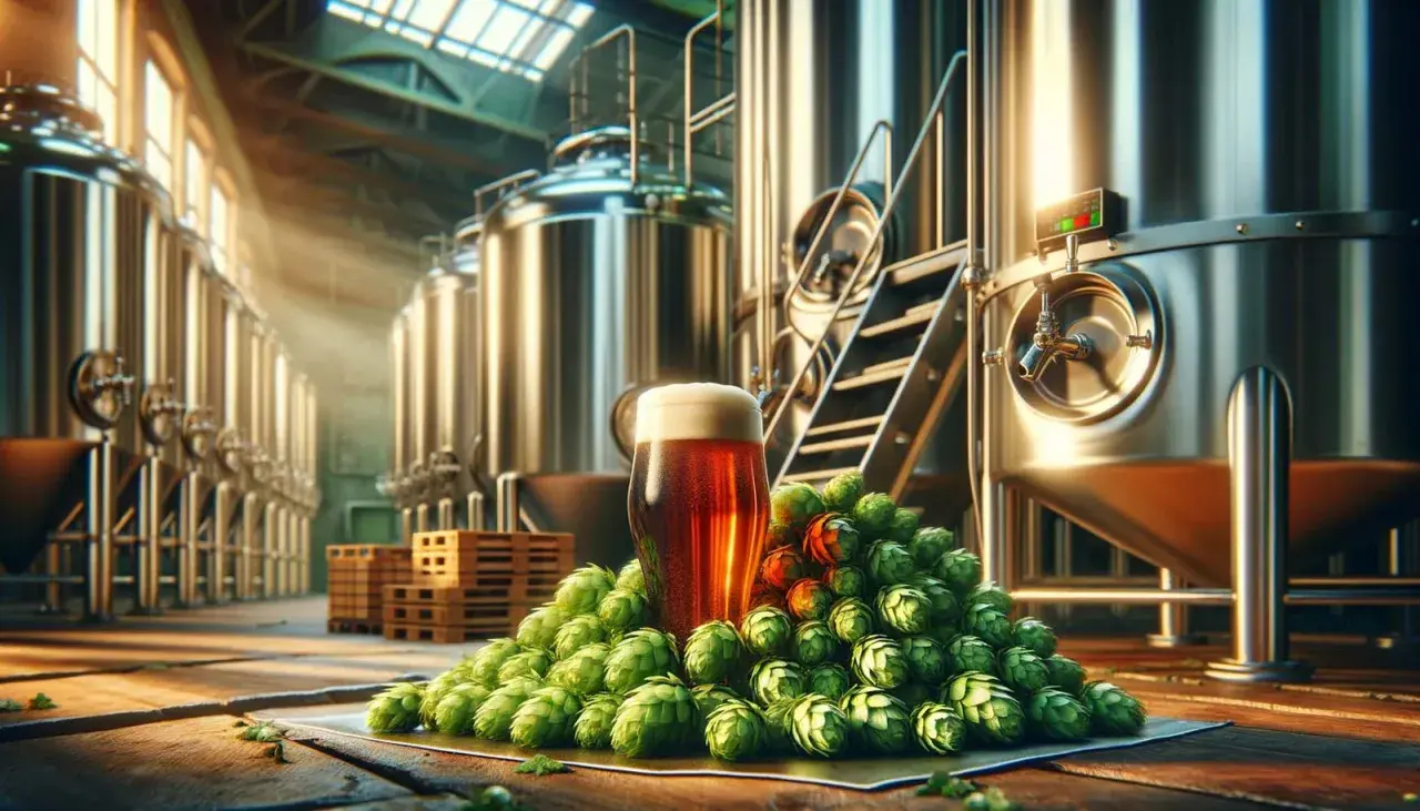 Un verre de bière ambrée repose sur un lit de houblon vert, au milieu d'une brasserie moderne. Le brasseur a du travail !