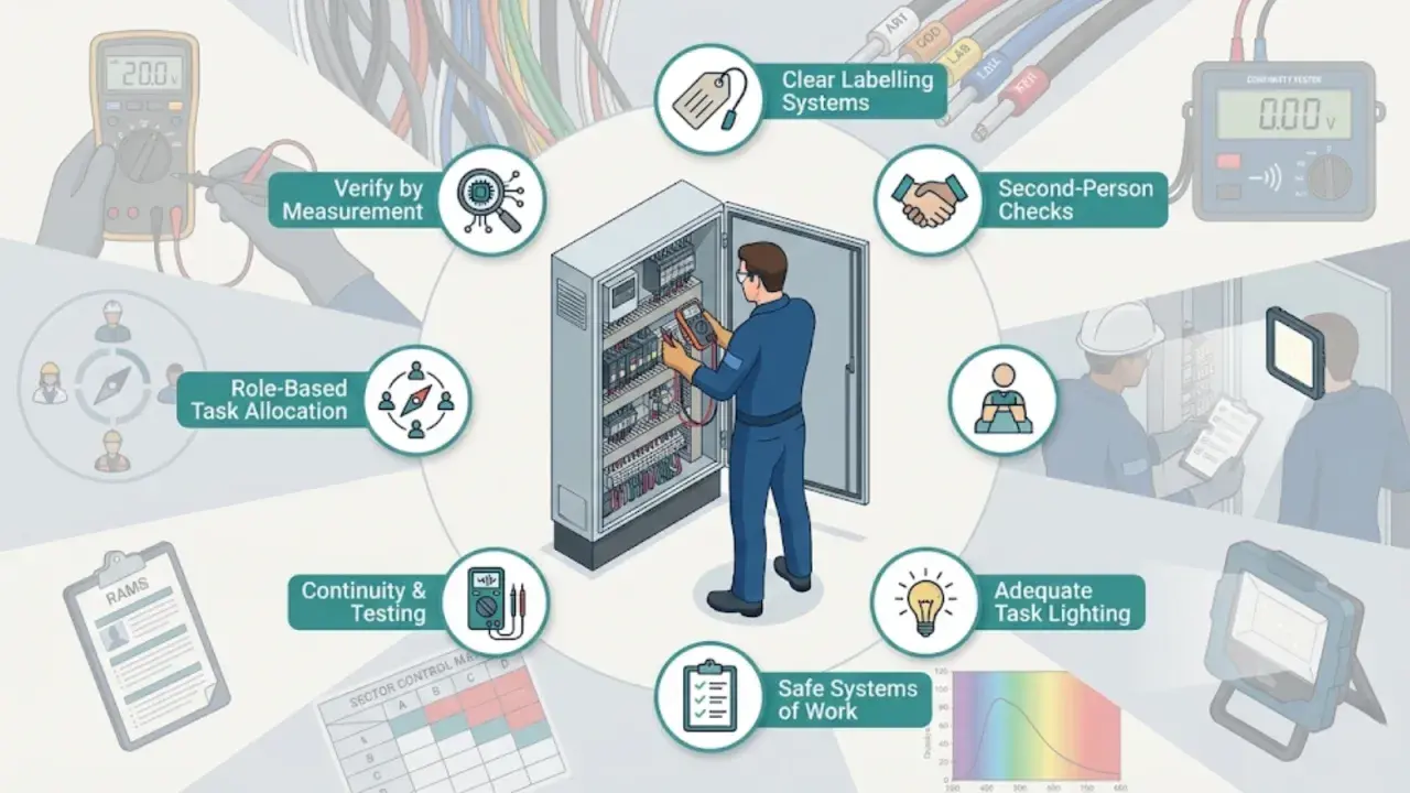 Ilustracja przedstawia elektryka pracującego przy panelu sterowania, z ikonami symbolizującymi bezpieczne procedury, takie jak weryfikacja pomiarami, jasne oznakowanie, kontrola dwuosobowa i odpowiednie oświetlenie. Różne **kolory faz** kabli są widocz...