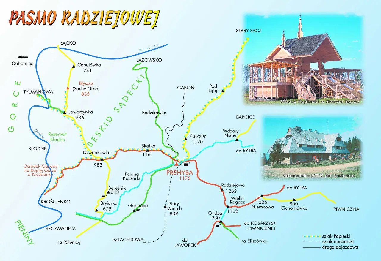 Mapa szlaków Beskidu Sądeckiego z zaznaczonymi szczytami, schroniskami i atrakcjami.