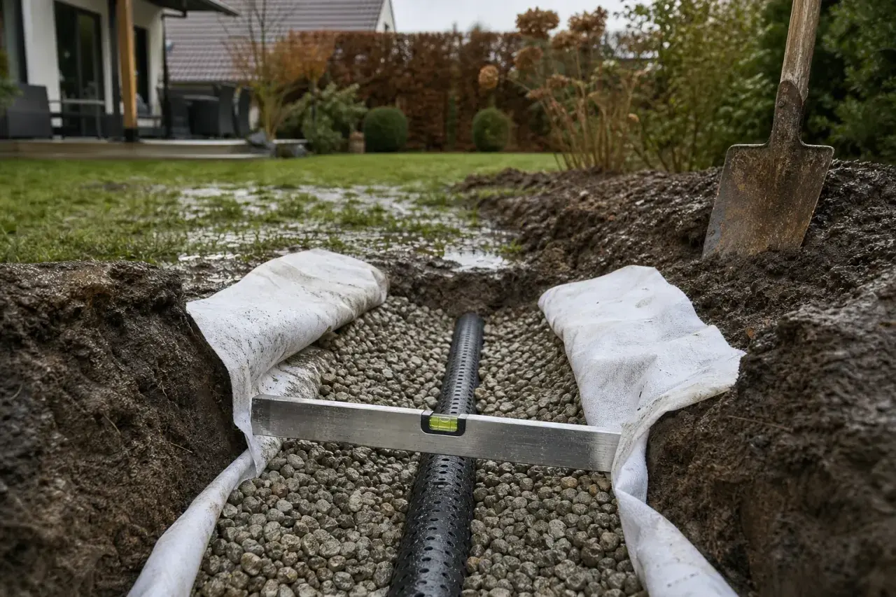 Drainage verlegen: Anleitung mit Bildern. Ein Drainagerohr liegt in Kiesbett, umgeben von Vlies. Wasserwaage prüft Neigung.