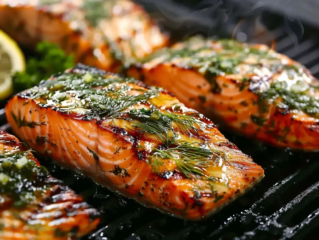 Saftiga bitar av lax som grillas med örter och citron. Doften av grillad lax sprider sig i köket.