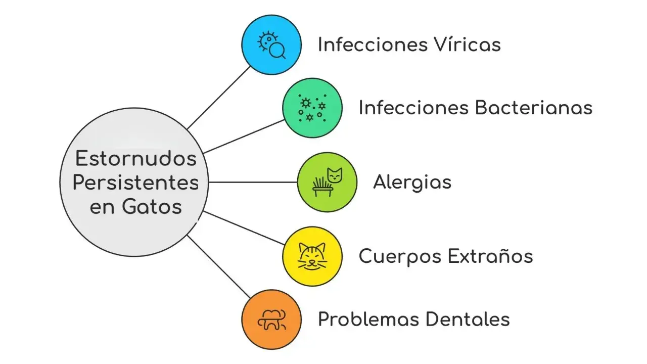 Diagrama de causas de estornudos persistentes en gatos: infecciones virales, bacterianas, alergias, cuerpos extraños y problemas dentales.