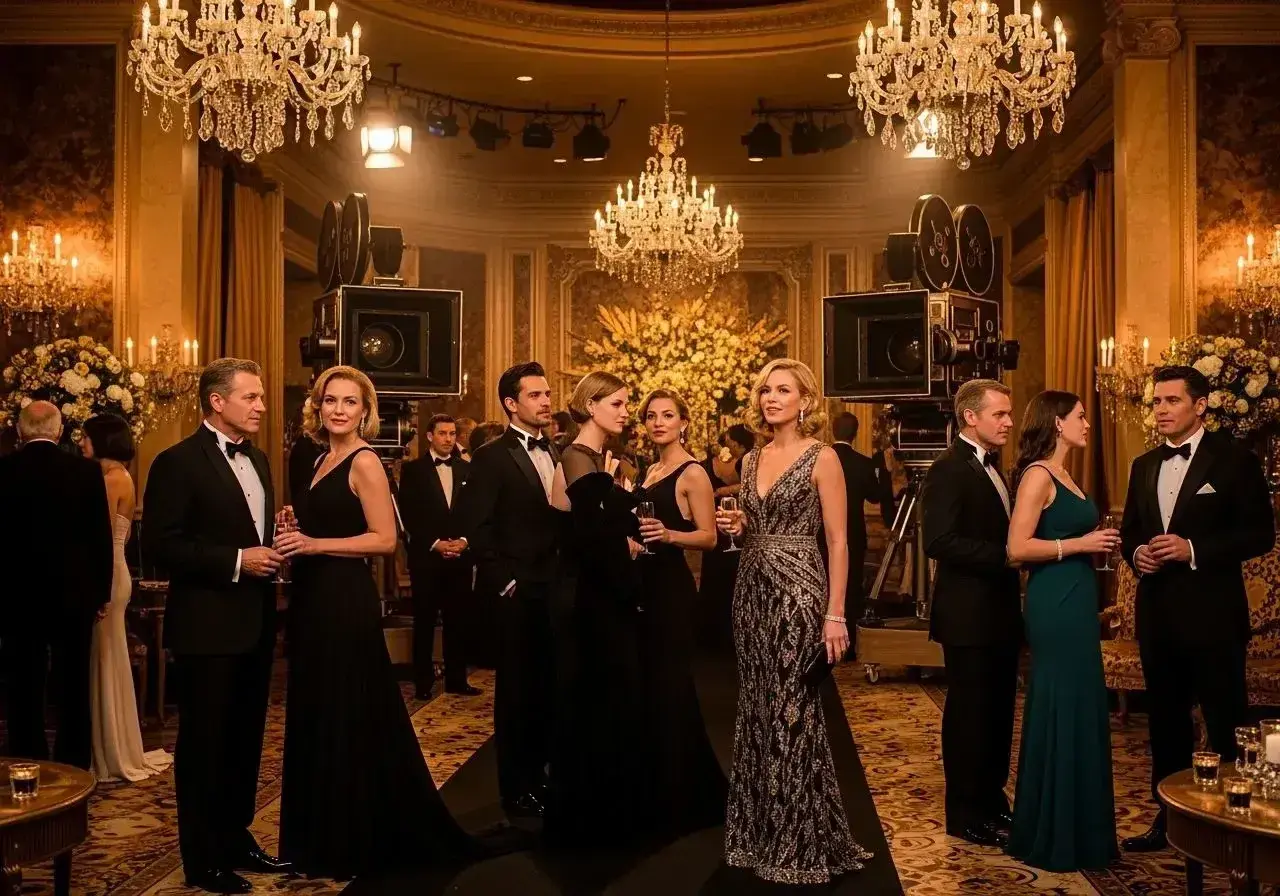 Elegancka gala w stylu hollywoodzkim. Gwiazdy w wieczorowych kreacjach pozują przy zabytkowych kamerach, w blasku kryształowych żyrandoli.