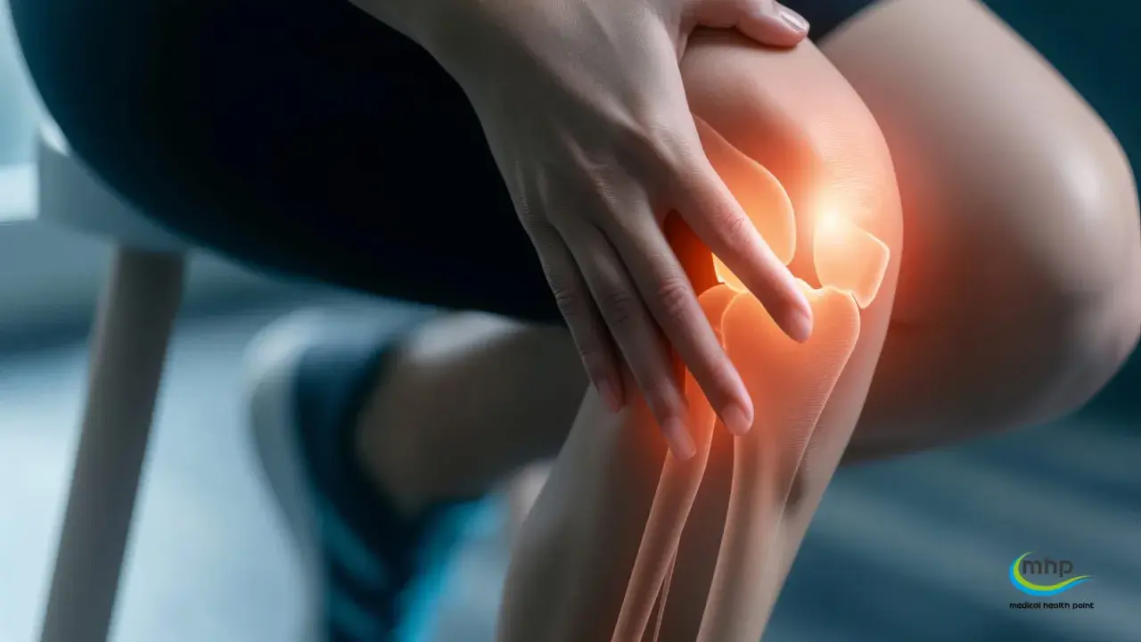 Eine Hand berührt ein Knie, das rot leuchtet, was auf knie schmerzen hindeutet.