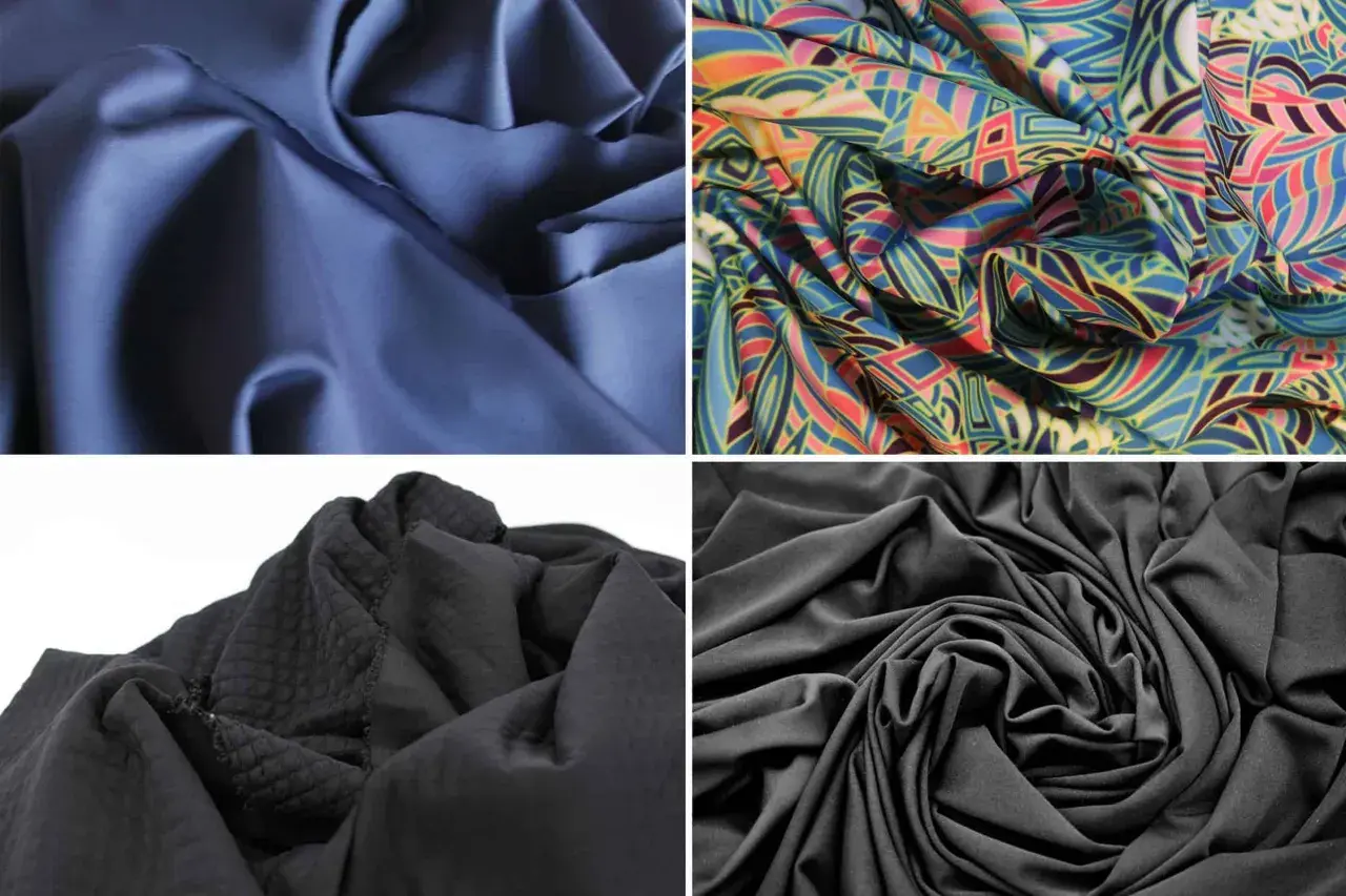 Four fabric swatches: navy blue, colorful geometric print, textured black, and smooth black. Discover the best fabric for workout clothes.