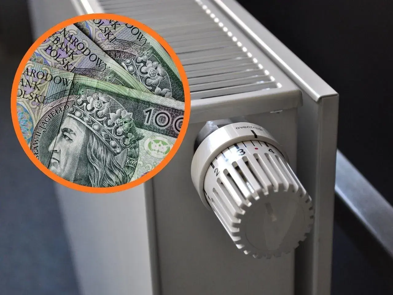 Polskie banknoty i termostat grzejnikowy. Bon energetyczny dla kogo? Dla każdego, kto ogrzewa dom.