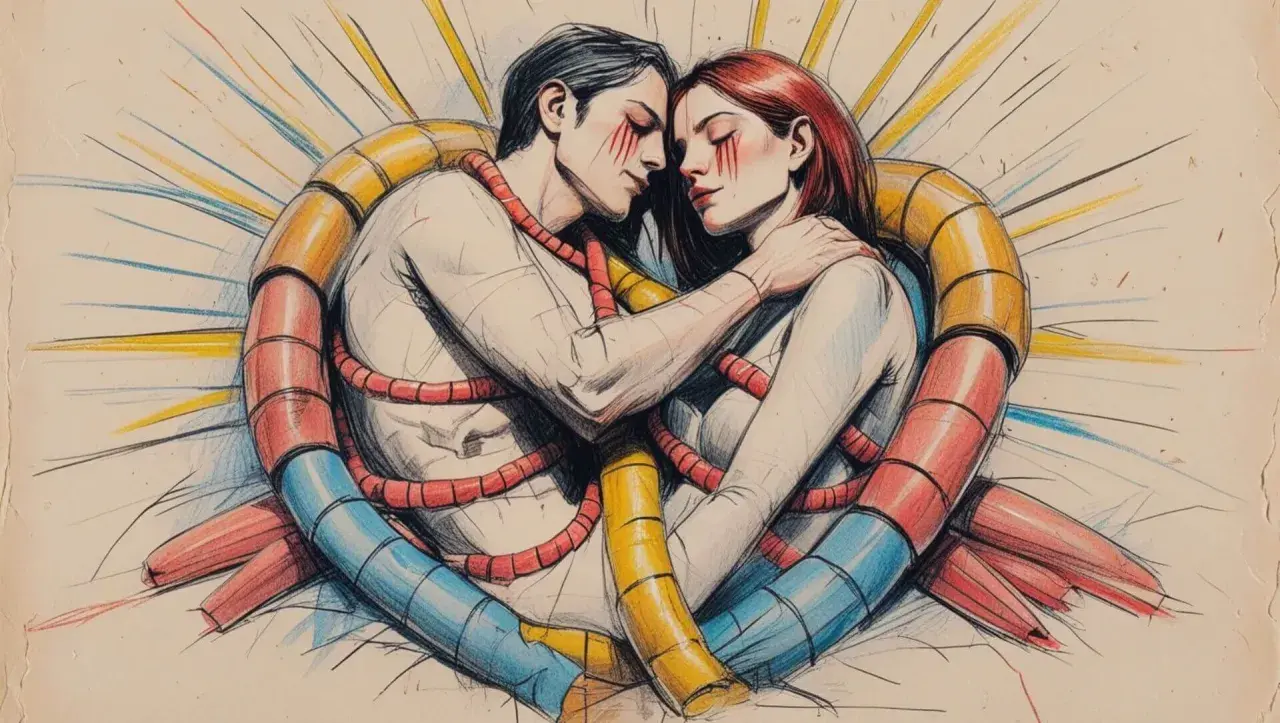 Pareja abrazada, envuelta en un corazón de tubos y cuerdas rojas, sugiriendo un amor obsesivo.