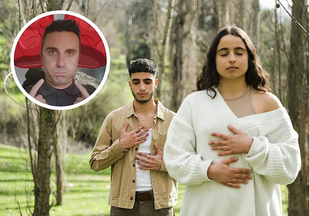 Un hombre y una mujer meditan en un bosque, con las manos en el pecho. Un círculo muestra un hombre con pulmones rojos, sugiriendo el mejor clima para los pulmones.