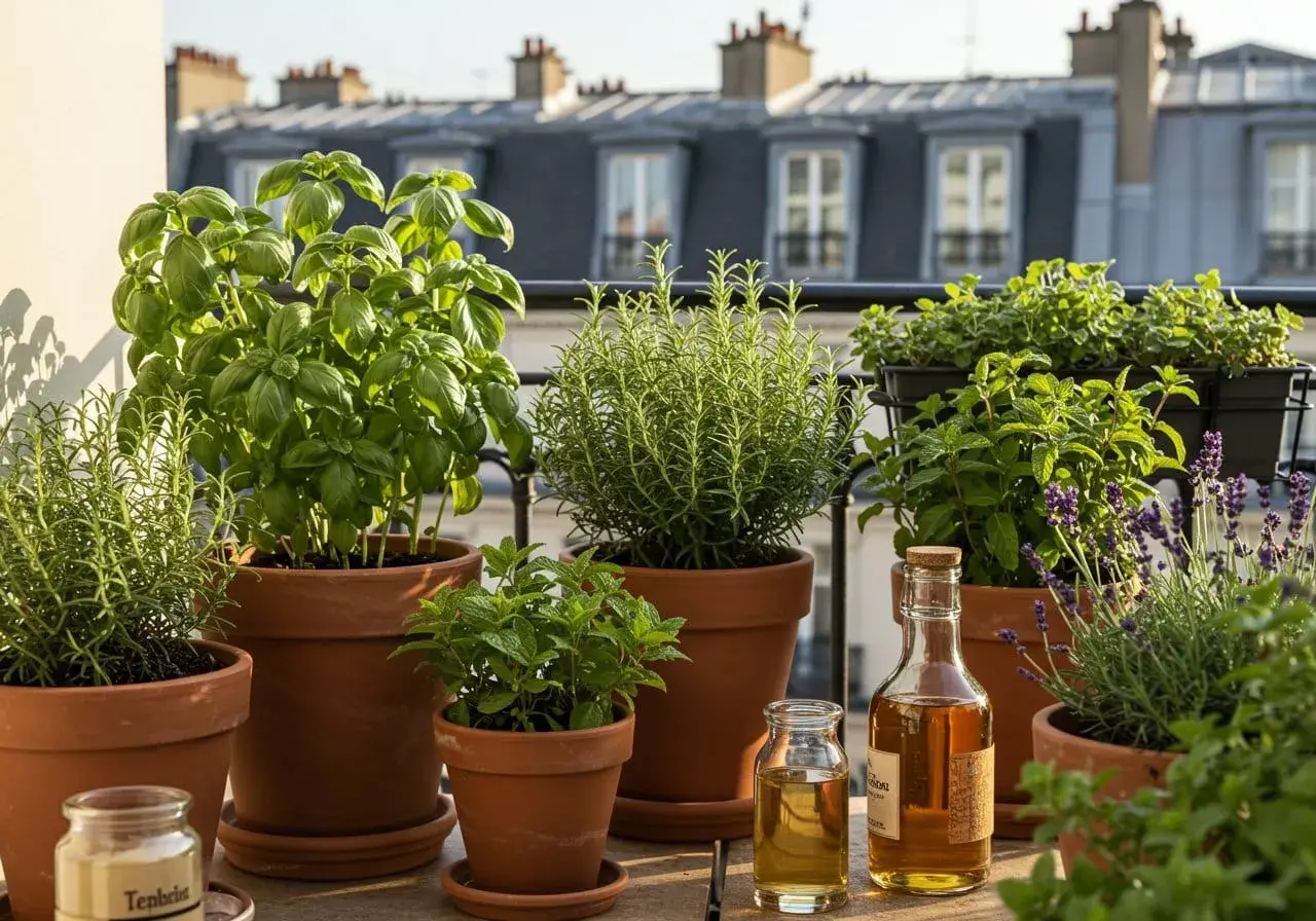Un balcon parisien ensoleillé avec une belle exposition de basilic, romarin, menthe et lavande en pots, prêt pour la cuisine.
