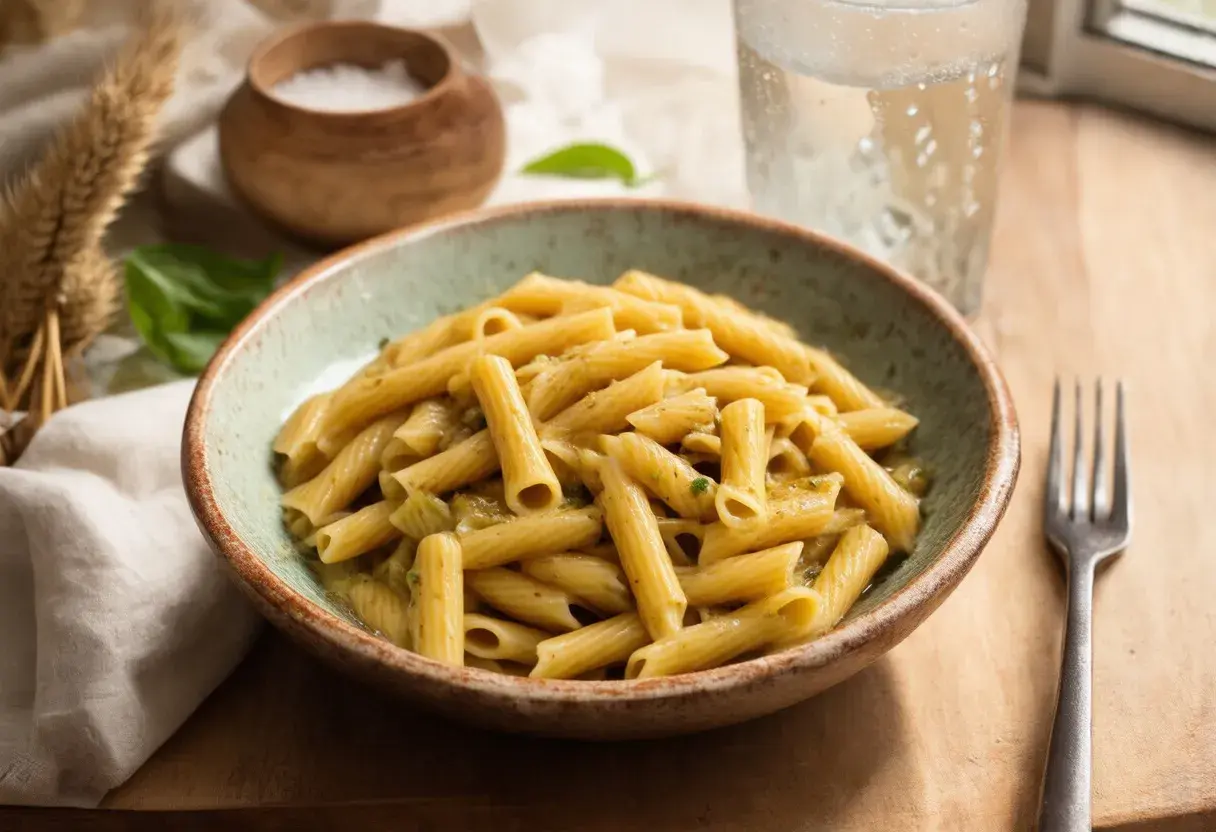 Penne z sosem pesto, idealnie ugotowane makaron aldente, podane w misce z widelcem i szklanką wody.