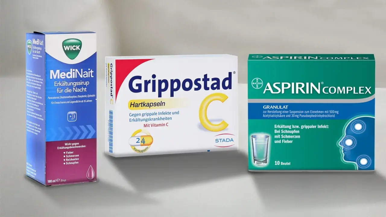 Drei Packungen Medikamente gegen Erkältung: MediNait, Grippostad C und Aspirin Complex.