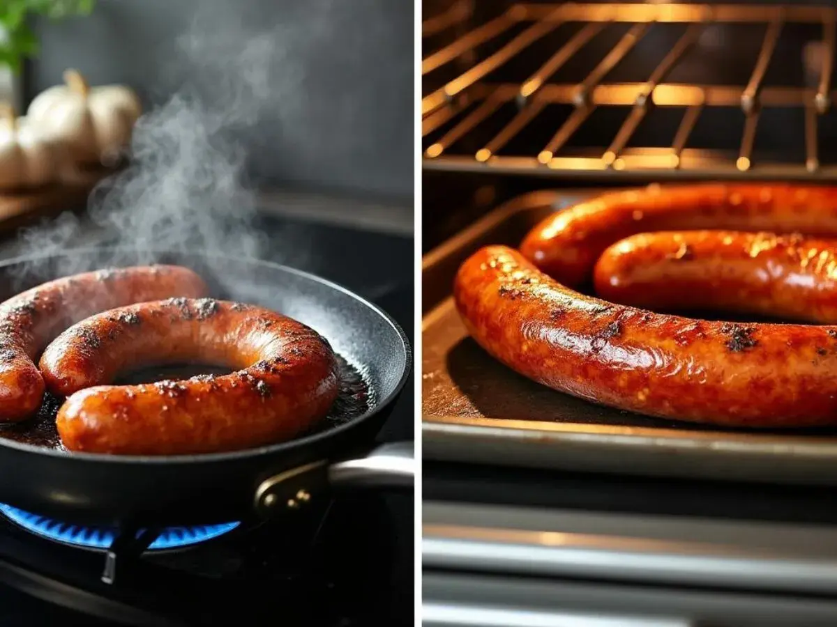 Saucisses andouillettes grésillant dans une poêle et au four, dégageant une vapeur appétissante.