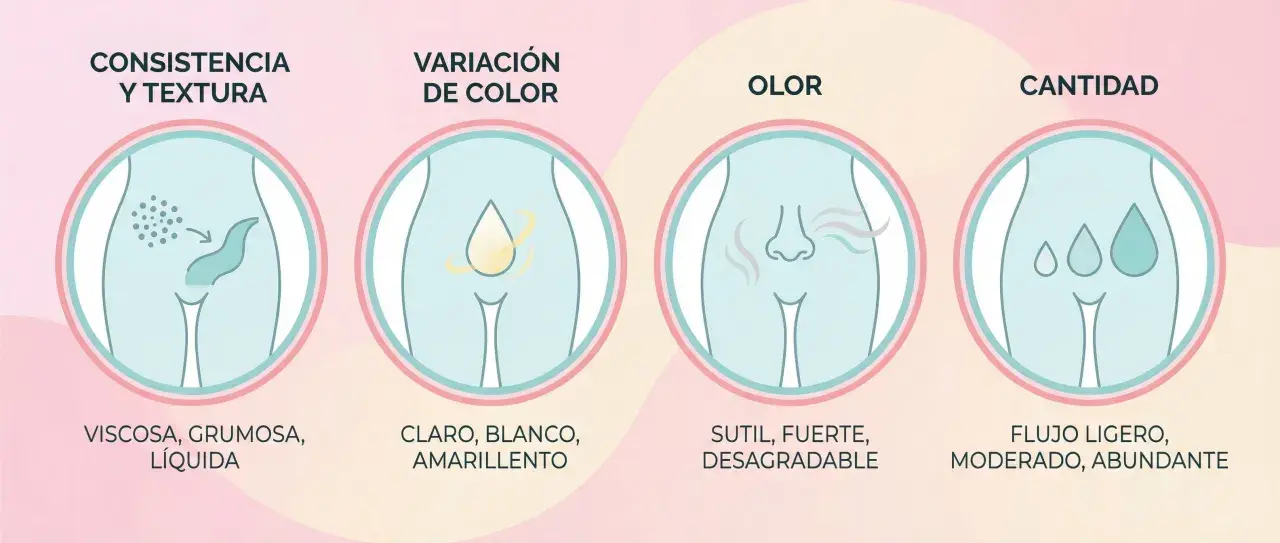 Ilustración de los tipos de flujo vaginal: consistencia, color, olor y cantidad. Se describen las variaciones normales y las que podrían indicar un problema.
