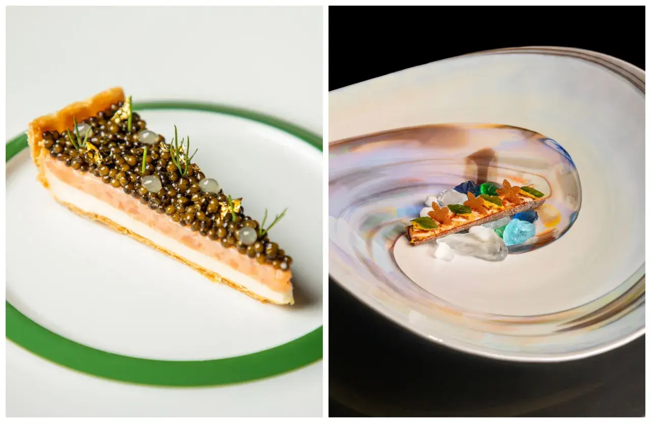Pastel de salmón con caviar y láminas de oro, digno de una estrella Michelin. Otro plato con un toque artístico y piedras de colores.