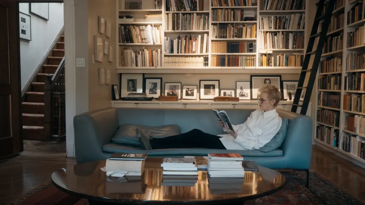 Siri Hustvedt, jung und nachdenklich, liest auf einem Sofa vor einem Bücherregal.