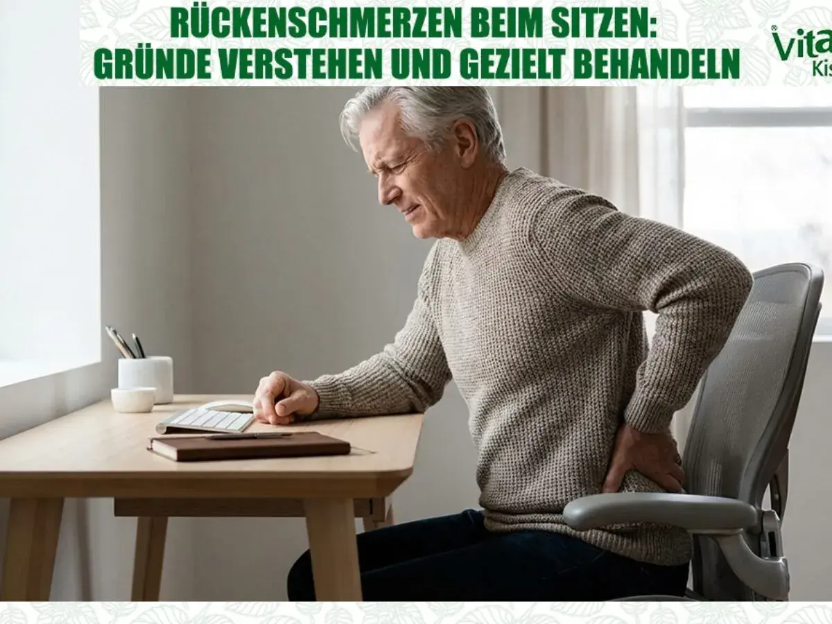 Älterer Mann mit schmerzen beim sitzen am Schreibtisch, hält sich den Rücken.