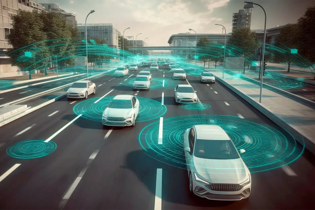 Coches blancos circulan por una autopista, conectados por redes de datos que representan sistemas ADA.