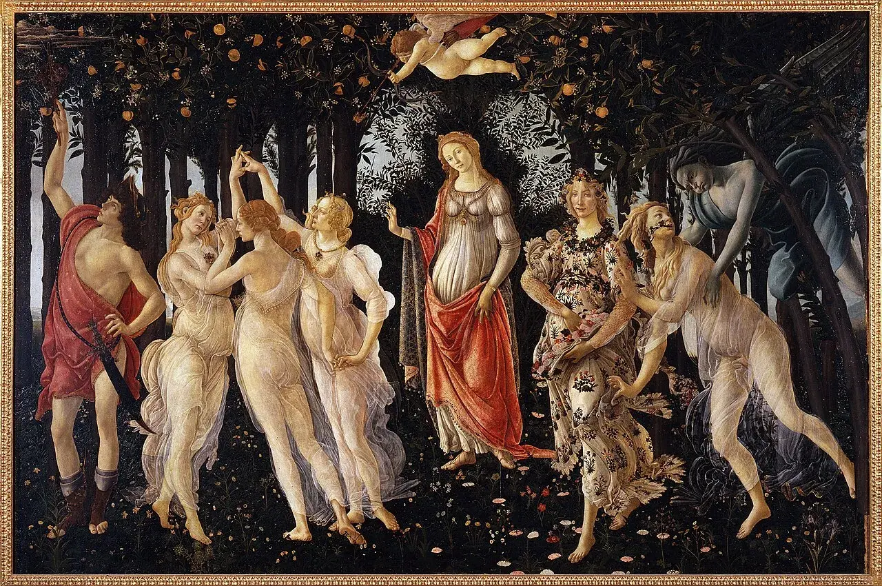 Botticelli's "Primavera" zeigt mythologische Figuren in einem blühenden Garten. Zephyrus jagt Chloris, die sich in Flora verwandelt.