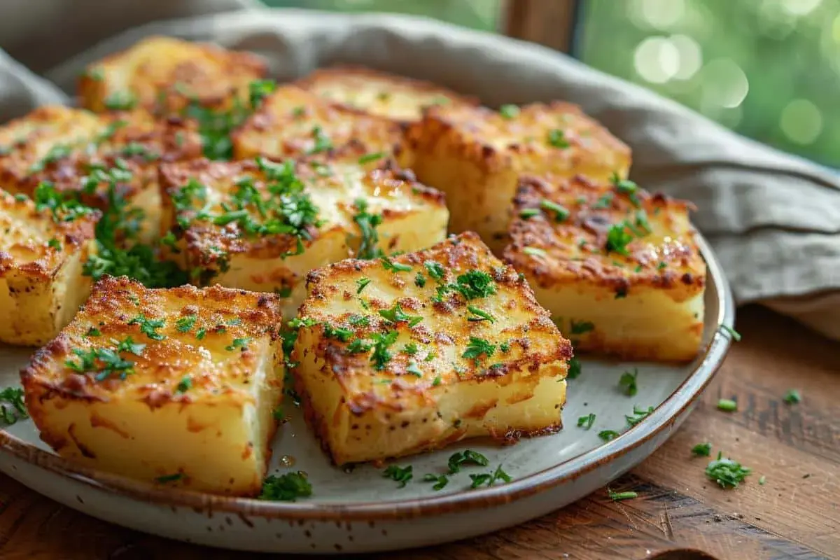 Carrés de pommes de terre croustillants, parfaits pour une recette feuille de brick revisitée. Garnis de persil frais.