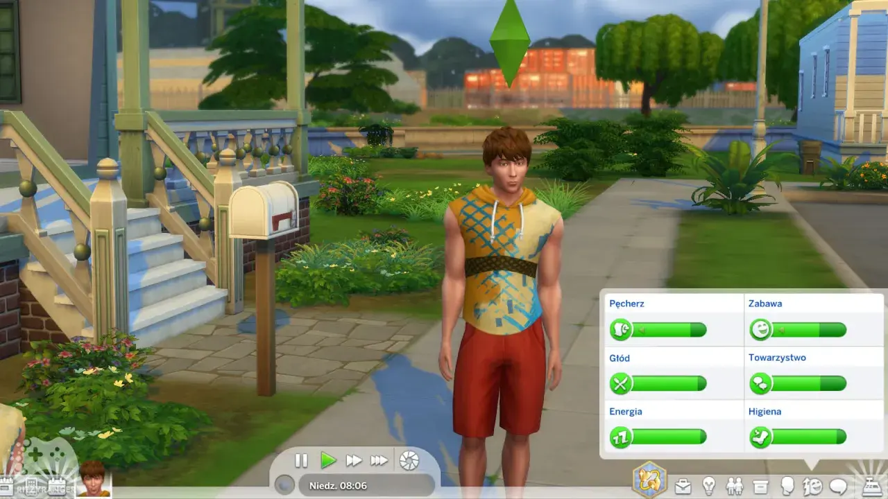 Młody Sim w kolorowej koszulce i czerwonych spodenkach stoi przed domem. Wskaźniki potrzeb pokazują, że jest głodny i potrzebuje zabawy. To kod na potrzeby The Sims 4.