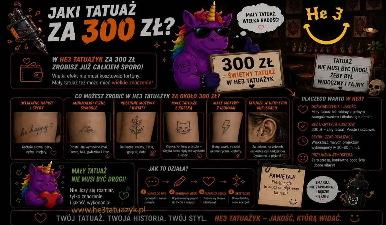 Fajny tatuaż za 300 zł w HE3 Tatuażyk! Mały tatuaż, wielka radość, świetny tatuaż, który jest widoczny i fajny.